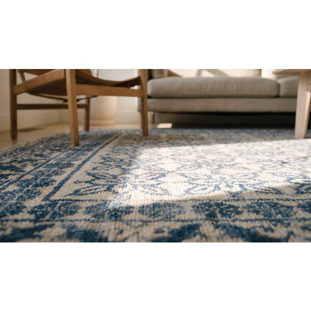 1930s Blue White Floral Antique N. Indian Agra Cotton Carpet 4'6" X 7' Handknotted Rug For Sale In New York - Image 6 of 7