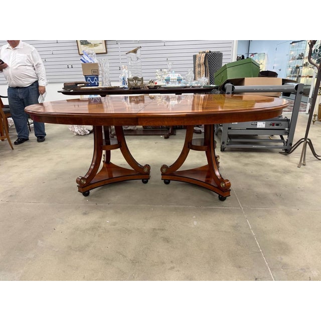 Vintage Neoclassical Regency Style Cherry and Burl Wood Pedestal Oval Dining Table With 2 Leaves For Sale - Image 15 of 16