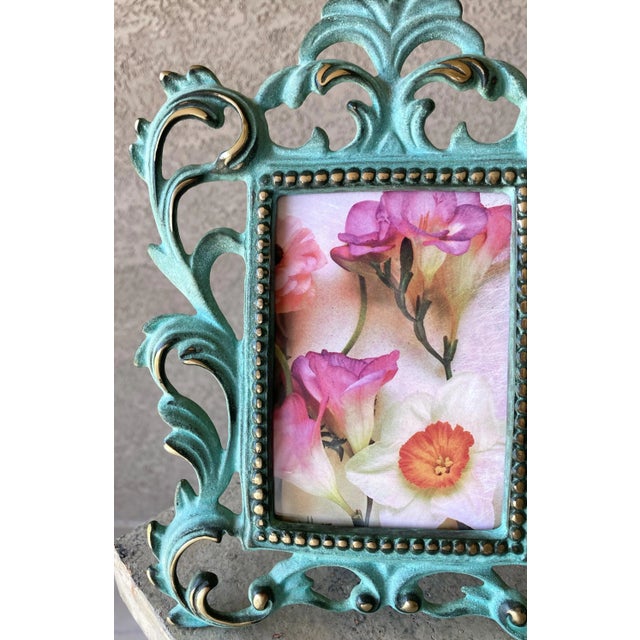 Metal Circa 1980 Baroque-Style Verdigris & Gilt Acanthus Leaf Cast Iron Easel Back Picture Frame For Sale - Image 7 of 12