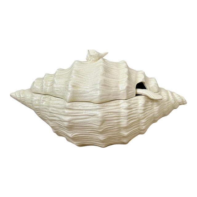 1960’s Vintage White Porcelain Conch Shell Lidded Soup Tureen With Matching Ladle For Sale