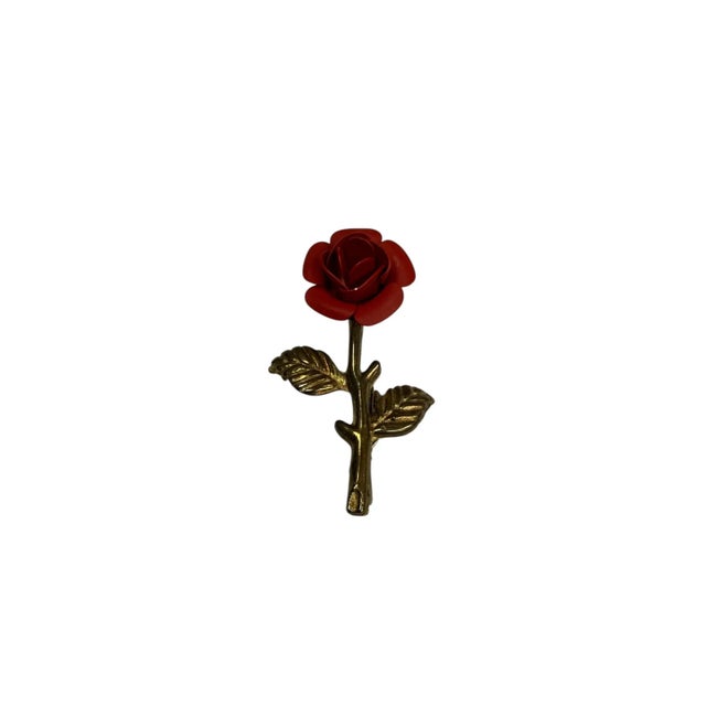 Early 20th Century Antique Red Rose Enamel Gold Tone Pin For Sale - Image 5 of 9
