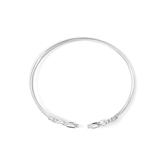 Contemporary .925 Sterling Silver 8X4MM Marquise Purple Amethyst and Diamond Accent Fleur Di Lis Open Cuff Bangle (I-J Color, I1-I2 Clarity) - 7" For Sale - Image 3 of 6