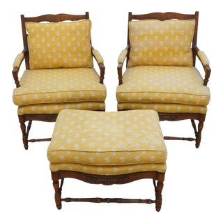 Upholstered Ladder Back Chairs & Ottoman - 3 Pieces For Sale