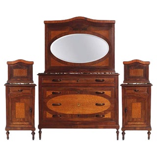 Antique Italian Marble Top Chest of Drawers & 2 Nightstands Set, 1890s, Set of 3 For Sale