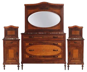 Antique Italian Marble Top Chest of Drawers & 2 Nightstands Set, 1890s, Set of 3