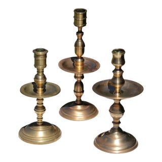 Antique Late 19th Century Flemish Brass Candlesticks - Set of 3 For Sale