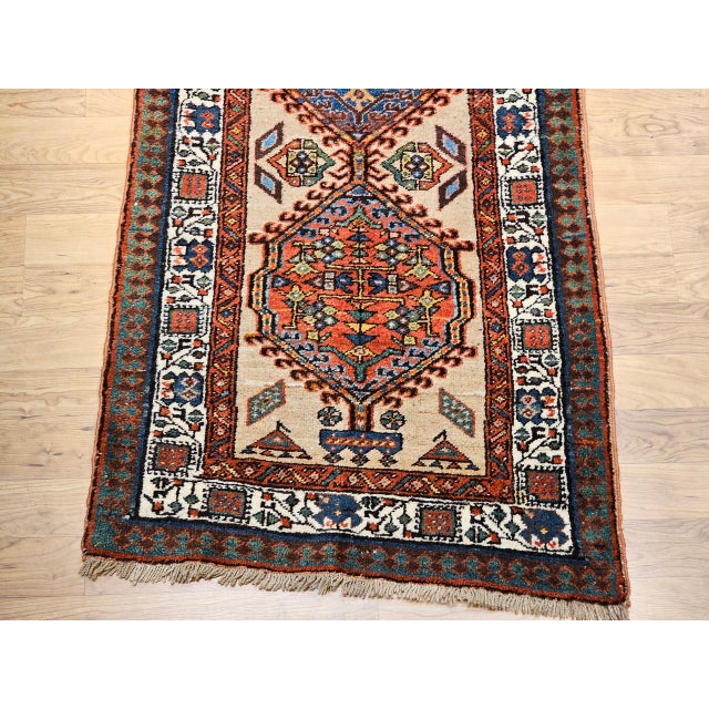 Vintage Serab Runner, Hand-Knotted Wool, Geometric Medallion Pattern, Ivory & Blue, 3x11 For Sale - Image 11 of 14