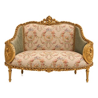 French Louis XVI Style Sofa – Floral Damask Upholstery, Carved Wood & Gold Leaf Frame For Sale