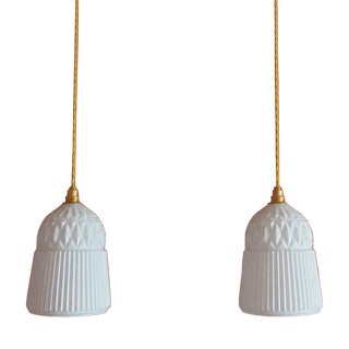 Vintage White Glass Pendant Lights, 1990s, Set of 2 For Sale