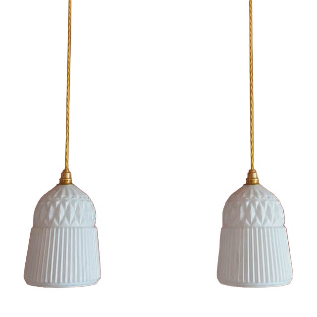 Vintage White Glass Pendant Lights, 1990s, Set of 2 For Sale
