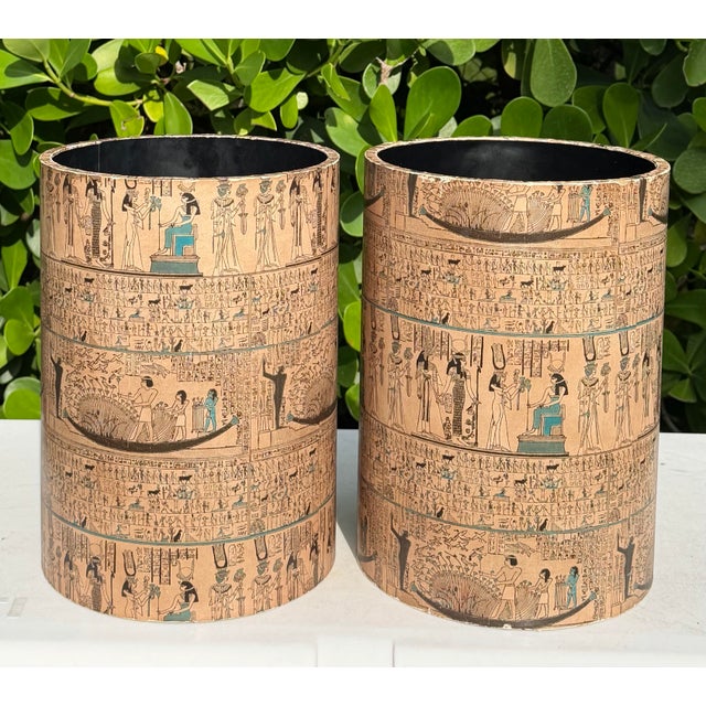 Late 20th Century Vintage Egyptian Revival Paper-Covered Wastebaskets | Pair For Sale - Image 5 of 12