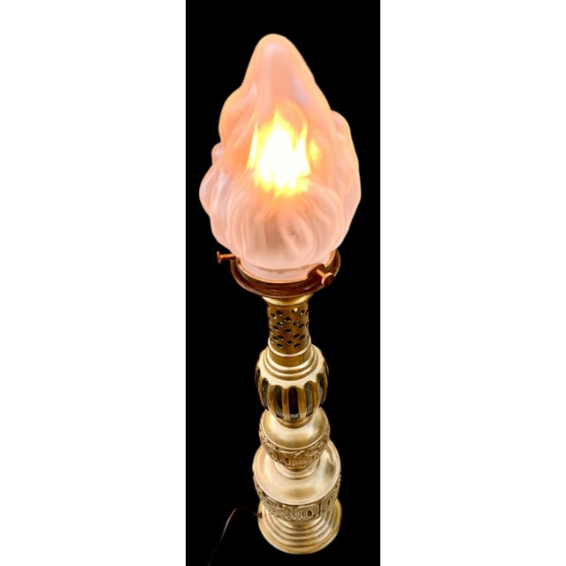 Attributed to James Mont MCM Gilt Brass Candlestick Lamp With Frosted Glass Flame Shade For Sale - Image 14 of 14