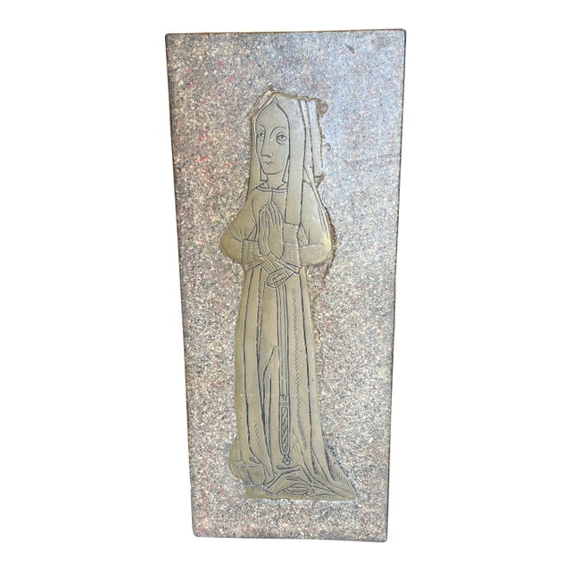 Vintage 15th-Century Style Medieval Monumental Brass Rubbing Plaque of a Noble Lady Wall Art For Sale