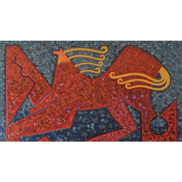 Contemporary 1991 Abstract Red & Blue Horse Painting For Sale - Image 3 of 3