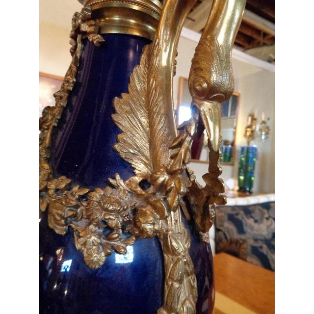 Sevres Style Cobalt Blue Porcelain & Bronze Swan Handle Urn Mounted as a Lamp For Sale - Image 4 of 13