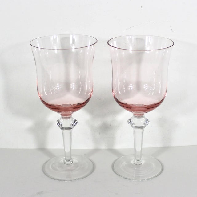 Gorgeous set of two pink bowl, clear stem wine glasses. These were made in the seventies for Denby. The pattern is called...
