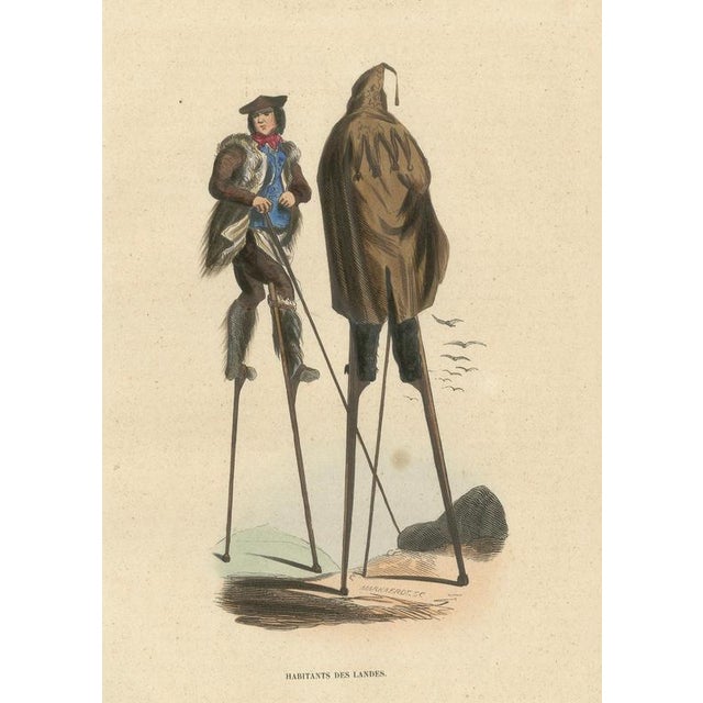 Inhabitants of the Landes on Stilts, France – Hand-Coloured Lithograph : This distinctive plate shows two inhabitants of...
