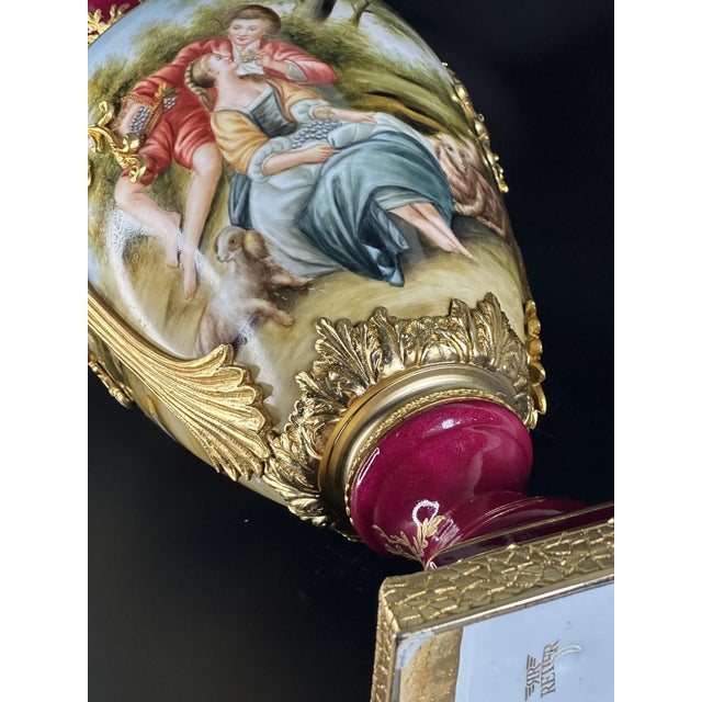 Vintage French Rococo Style Hand-Painted Porcelain Vase with Swan Handles and Gilded Details from Retier, 1920s For Sale - Image 9 of 11
