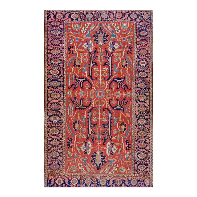 1900s Red Antique Tribal Geometric Allover Design Heriz Serapi Room Size Rug For Sale