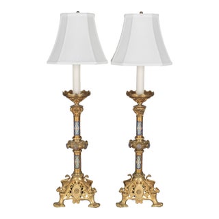 Pair of 19th Century French Bronze Candlestick Lamps For Sale