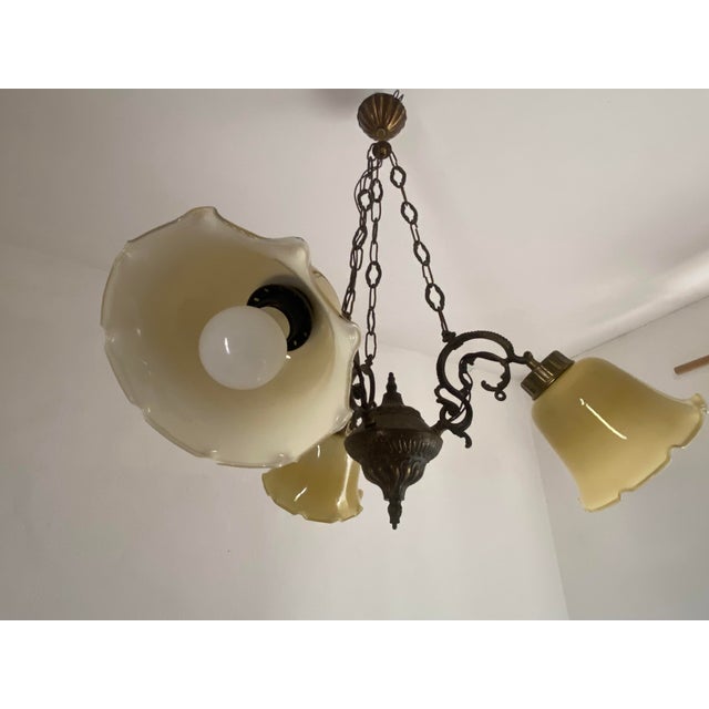 Cream Vintage Art Nouveau Revival Three-Light Chandelier with Opaline Glass Shades, Yugoslavia, 1960s For Sale - Image 8 of 12