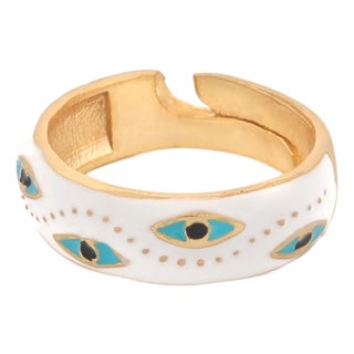White Enamel Evil Eye Gold Adjustable Band Ring, Size 8 For Sale
