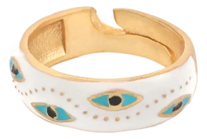 White Enamel Evil Eye Gold Adjustable Band Ring, Size 8