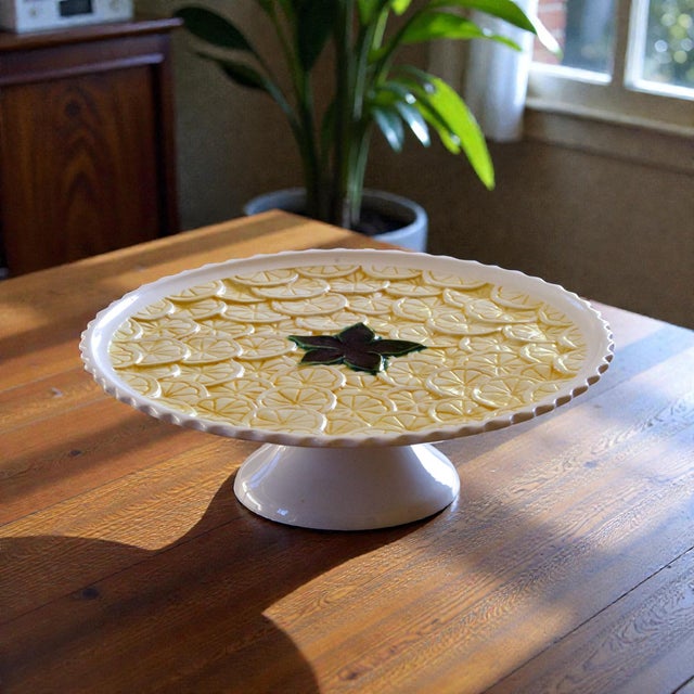 White Large Hand-Painted Lemon-Colored Slipware Cake and Tart Display Stand, 1960s For Sale - Image 8 of 8
