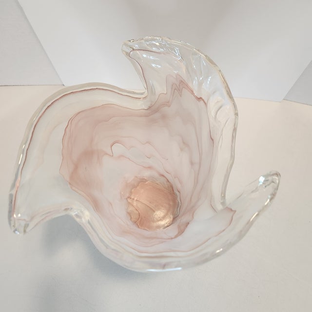 Mid-Century Modern Vintage Italian Murano Lavorazione Style Pink & White Swirled Ruffled Glass Vase For Sale - Image 3 of 8