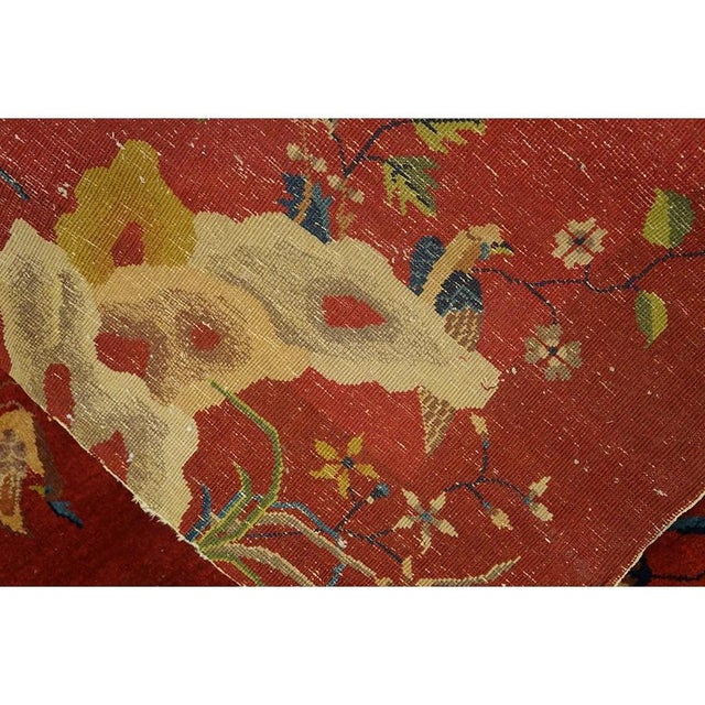Raspberry Red 1920s Red Floral Antique Chinese Art Deco Water Bird Rug 8'2" X 9'8" Wool Carpet For Sale - Image 8 of 10
