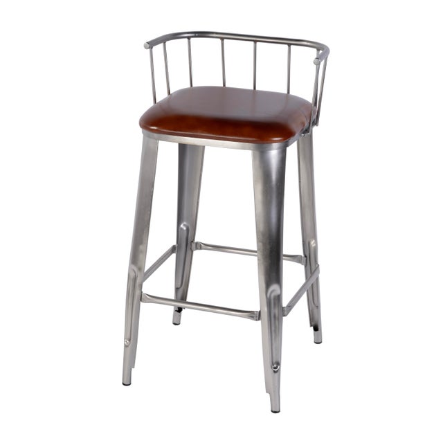 Brown Coriander 31 in. Seat Height Leather & Iron Bar Height Stool with Back and Footrest, Brown Leather For Sale - Image 8 of 8