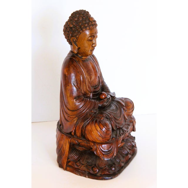 LRG 16" Hand-Carved Hardwood Meditative Buddha Statue For Sale - Image 4 of 11