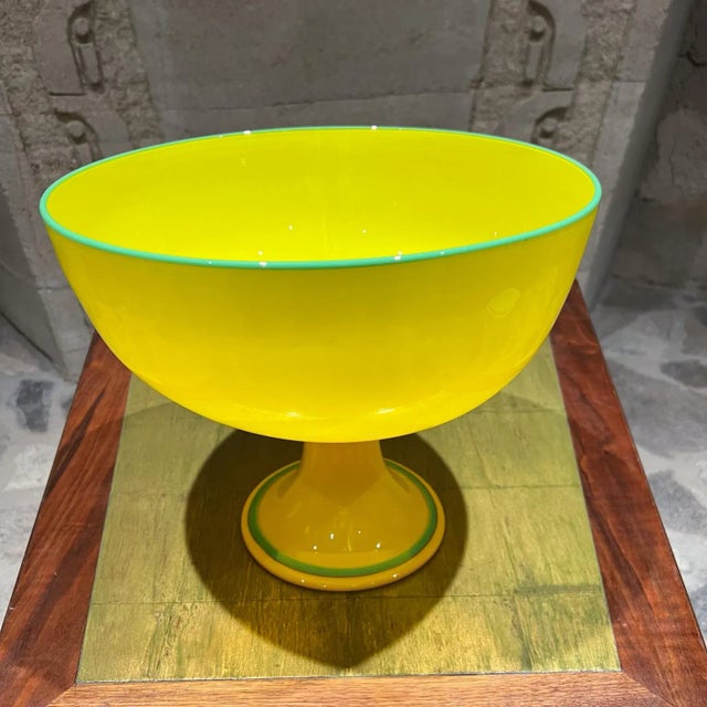 Early 20th Century Czech Art Tango Glass Pedestal Bowl Yellow & Green For Sale - Image 5 of 10
