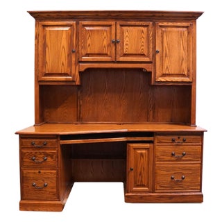 Winners Only Solid Oak Rustic Early American Country Style 74" Computer Desk W. Cabinet Storage Top For Sale