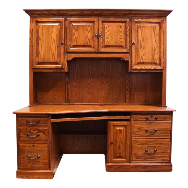 Winners Only Solid Oak Rustic Early American Country Style 74" Computer Desk W. Cabinet Storage Top For Sale