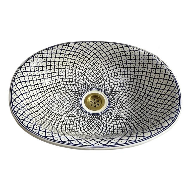 Blue Oval Sink for Bathroom Vessel Sink, Oval Handmade Ceramic with Drain For Sale