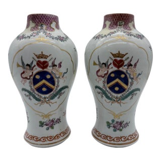 Antique Chinese Export Armorial Famille Rose Porcelain Urns, Qianlong Period, Circa 1790–1810, Pair For Sale