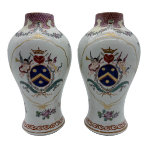 Antique Chinese Export Armorial Famille Rose Porcelain Urns, Qianlong Period, Circa 1790–1810, Pair