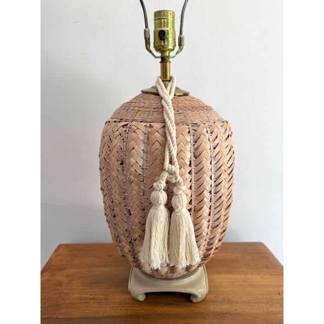 Rustic 1980s Coastal Wicker Basket Lamp With Tassel For Sale - Image 3 of 9