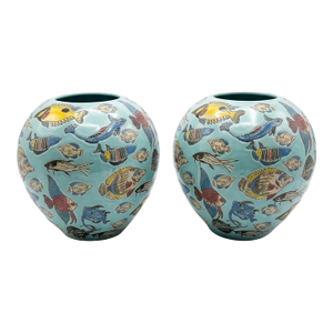 Pair of Vintage Italian Porcelain Fish Motif Ovoid Vases