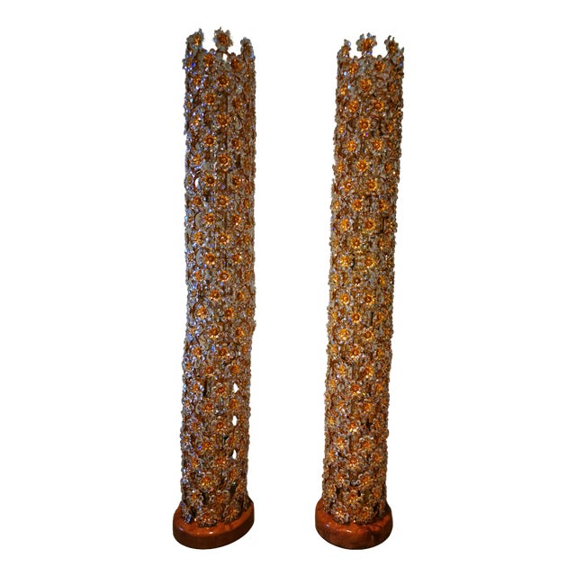 Vintage Gilt Brass and Crystal Floor Lamps from Palwa, 1960, Set of 2 For Sale
