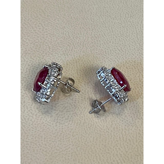 Red 4 Carat Oval Treated Ruby & 1.2 Ct Diamond Stud Earrings 14 Karat White Gold For Sale - Image 8 of 8