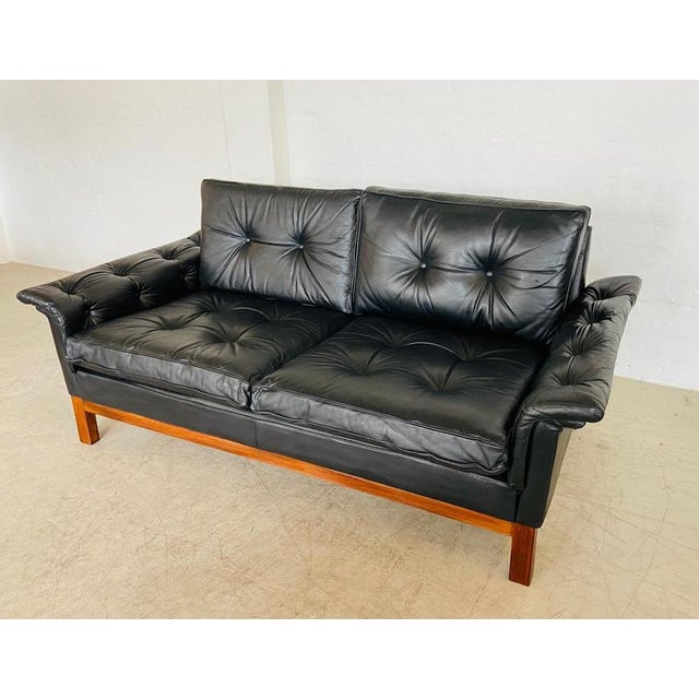 Wood Vintage Scandinavian Black Buttoned Leather Sofa from Ikea, 1960s For Sale - Image 7 of 18