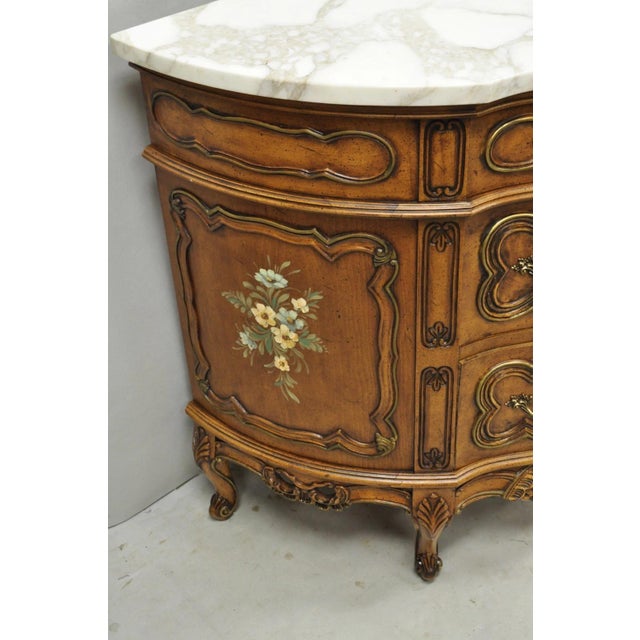 Brown Vintage French Louis XV Style Bombe Demilune Marble Top Floral Painted Commode For Sale - Image 8 of 14