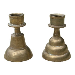 Vintage Miniature Brass Candleholders With Bells - a Pair For Sale