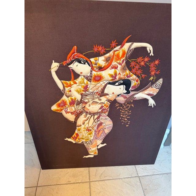 Pair of Vintage Isao Homma Japanese Geisha Textile Appliqué Art Relief Wall Panels, 1980 For Sale - Image 4 of 11