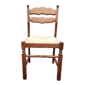 Mid Century Ladder Back Oak Side Chair With Newer Rush Seat