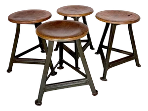 Industrial Atelier Stools with Steel Frames and Plywood Seats, Germany, 1920s, Set of 4