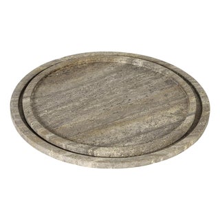 Sutton Round Travertine Tray Set, Grey For Sale