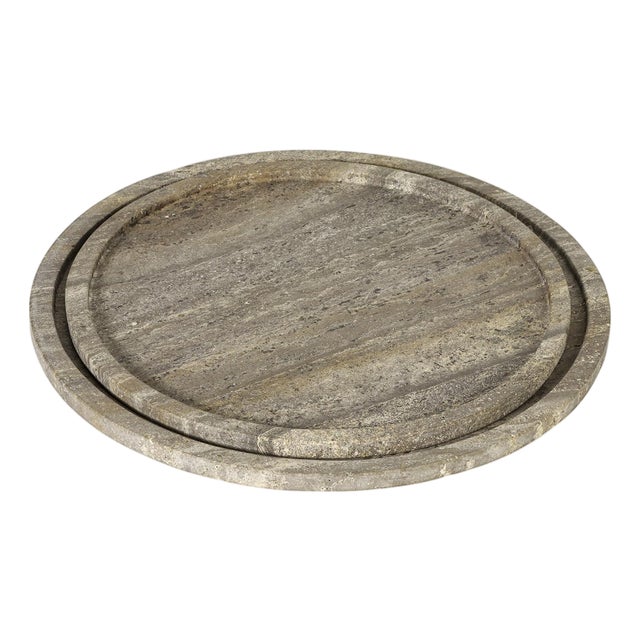 Sutton Round Travertine Tray Set, Grey For Sale